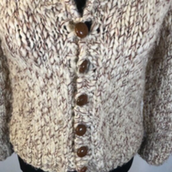Vintage Handknit Chunky Wool Blend Cardigan — Cream & Chestnut Marled Yarn - Picture 9 of 13